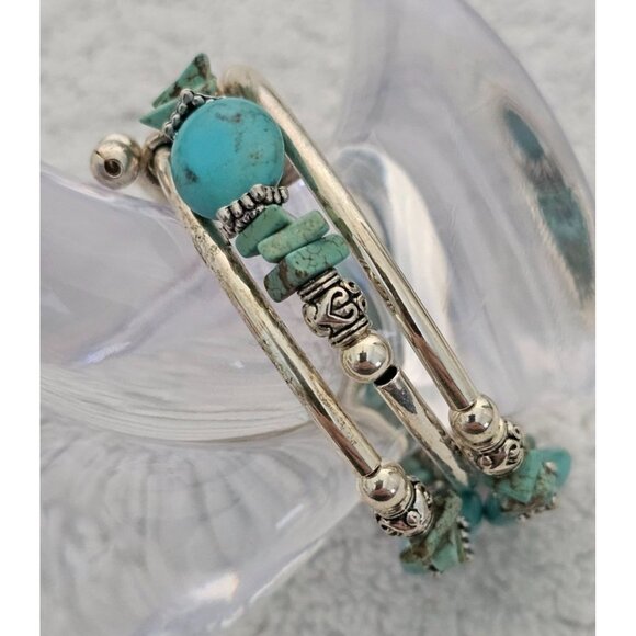 Turquoise & Silver Tone Beaded Coil Wrap Bracelet - 2 Inches Diameter - Picture 1 of 5